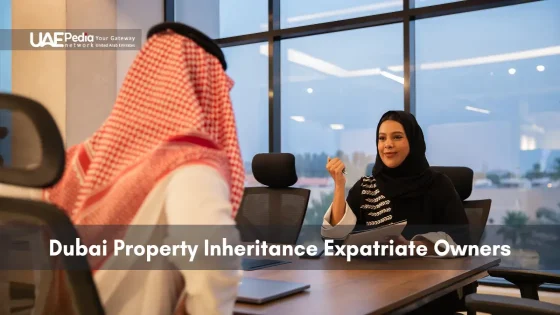 Man in Emirati dress and hijab-wearing woman meet across a desk in a glass office