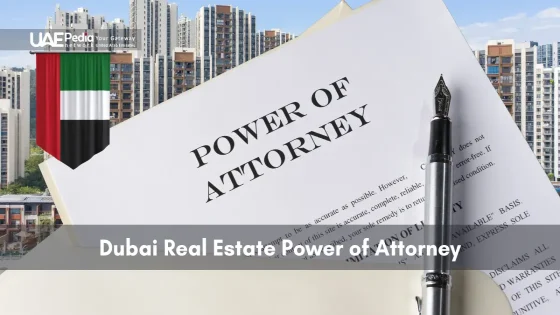Power of Attorney document and pen with Dubai skyline in the background.