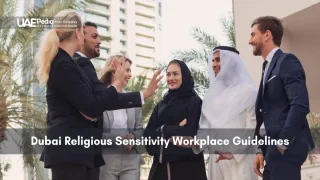 Colleagues review religious sensitivity guidelines outdoors with Dubai skyline behind.