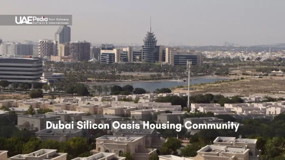 View of desert-style villas and contemporary office towers around a lagoon in Dubai Silicon Oasis.