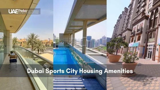 Dubai Sports City homes with balcony views, pool, and local shops.