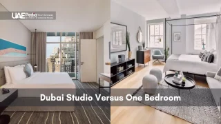Split image of a Dubai studio and one-bedroom flat interior illustrating design differences.