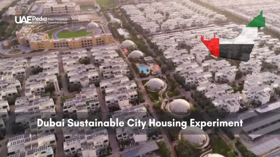Bird’s-eye view of Dubai Sustainable City showcasing solar rooftops and housing clusters.