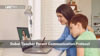 Parent and child using a laptop to video chat with a teacher on screen in a home setting.