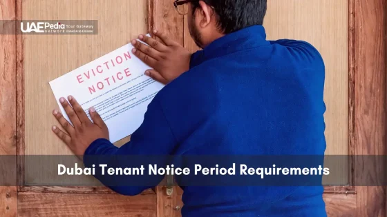 Person in a blue shirt attaching an eviction notice to a wooden door in Dubai.