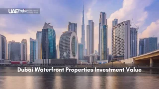 Wide shot of Dubai canal viewpoint lined with contemporary waterfront towers and reflections.