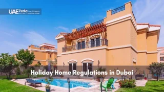 Exterior view of a Dubai holiday villa featuring a swimming pool, lounge chairs, and greenery.