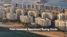 Bird’s-eye aerial shot of Palm Jumeirah luxury apartments with private beaches and water view.