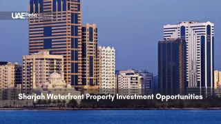 Modern skyscrapers and a mosque along Sharjah's waterfront.