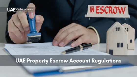 Hands stamping paperwork beside small wooden houses and an IN ESCROW sign