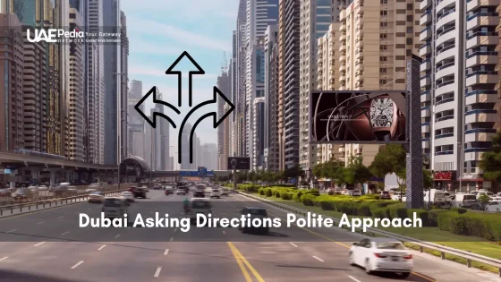 Dubai cityscape with roads and signs, showing navigation tips.