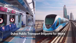Inside and outside views of a Dubai Metro train in a modern urban setting.