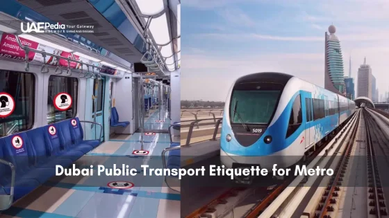 Inside and outside views of a Dubai Metro train in a modern urban setting.