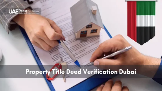 Two hands signing documents on a clipboard with a model house and UAE flag, symbolizing property verification.