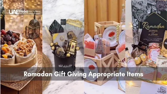 Various Ramadan-appropriate gifts like dried fruits, ornate boxes, and reflective journals.